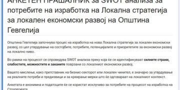 АНКЕТЕН ПРАШАЛНИК за SWOT анализа за потребите на изработка на Локална стратегија за локален економски развој на Општина Гевгелија 2027–2031 г.